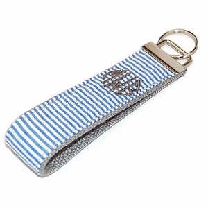 Monogrammed Navy Seersucker Keychain: Personalized Key Fob
