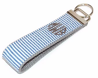 Monogrammed Navy Seersucker Keychain: Personalized Key Fob