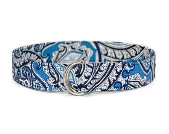 Ladies Navy Blue Paisley Fabric D-Ring Belt in Adult Youth and Toddler You Pick The Perfect Size