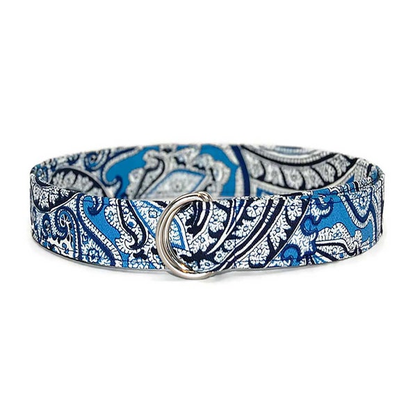 Ladies Navy Blue Paisley Fabric D-Ring Belt in Adult Youth and Toddler You Pick The Perfect Size