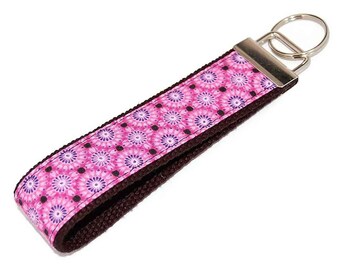 Pink Flowers Medallion Fabric Keychain   -  Floral Wristlet Key Fob - Your Choice of Color
