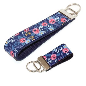 Floral Keychain Navy and Coral Key Fob Flower Wristlet or Mini Key Chain with Choice of Color and Hardware Great Gift Includes Gift Tube