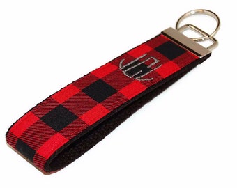Personalized Black Red Check Wristlet Key fob - Monogrammed Keychain - Custom Embroidered with your Monogram Letter or Name