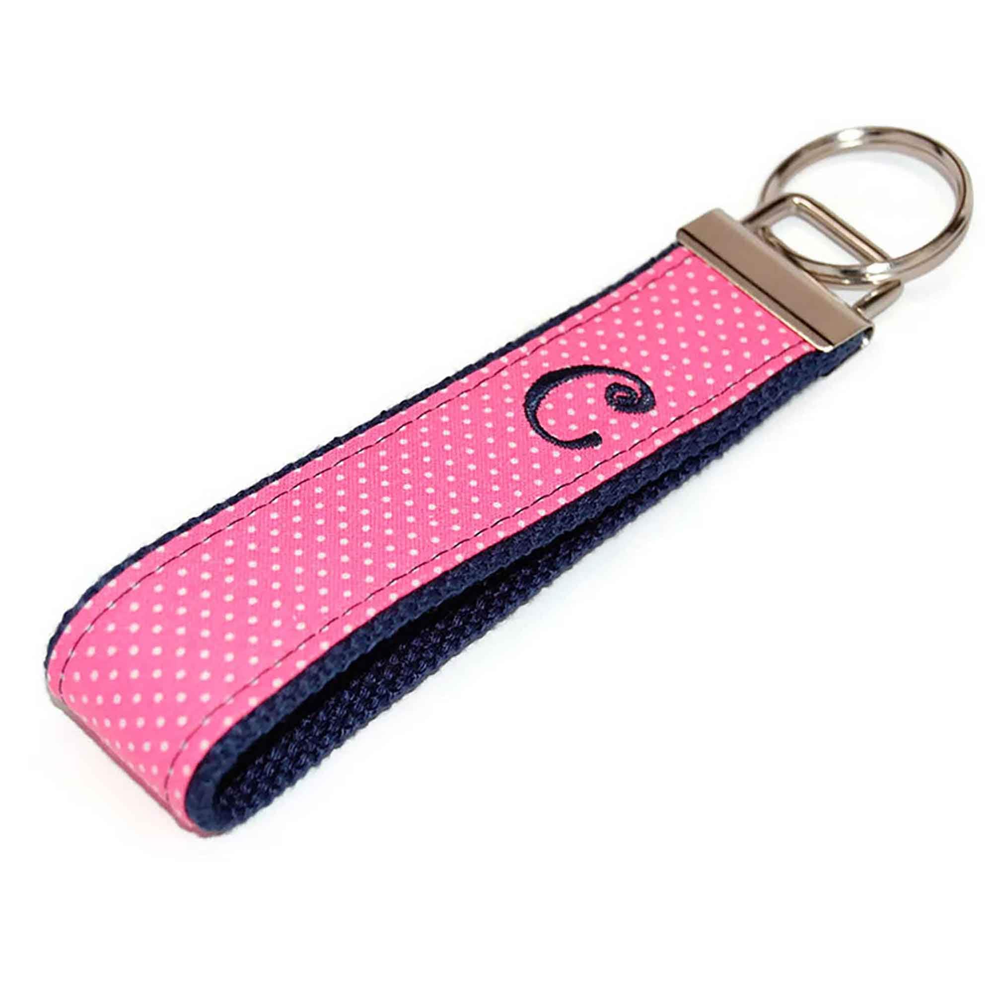 Personalized Pink Swiss Dot on Navy Blue Embroidered Keychain - Custom Key fob - Choice of Initial Monogram or Name