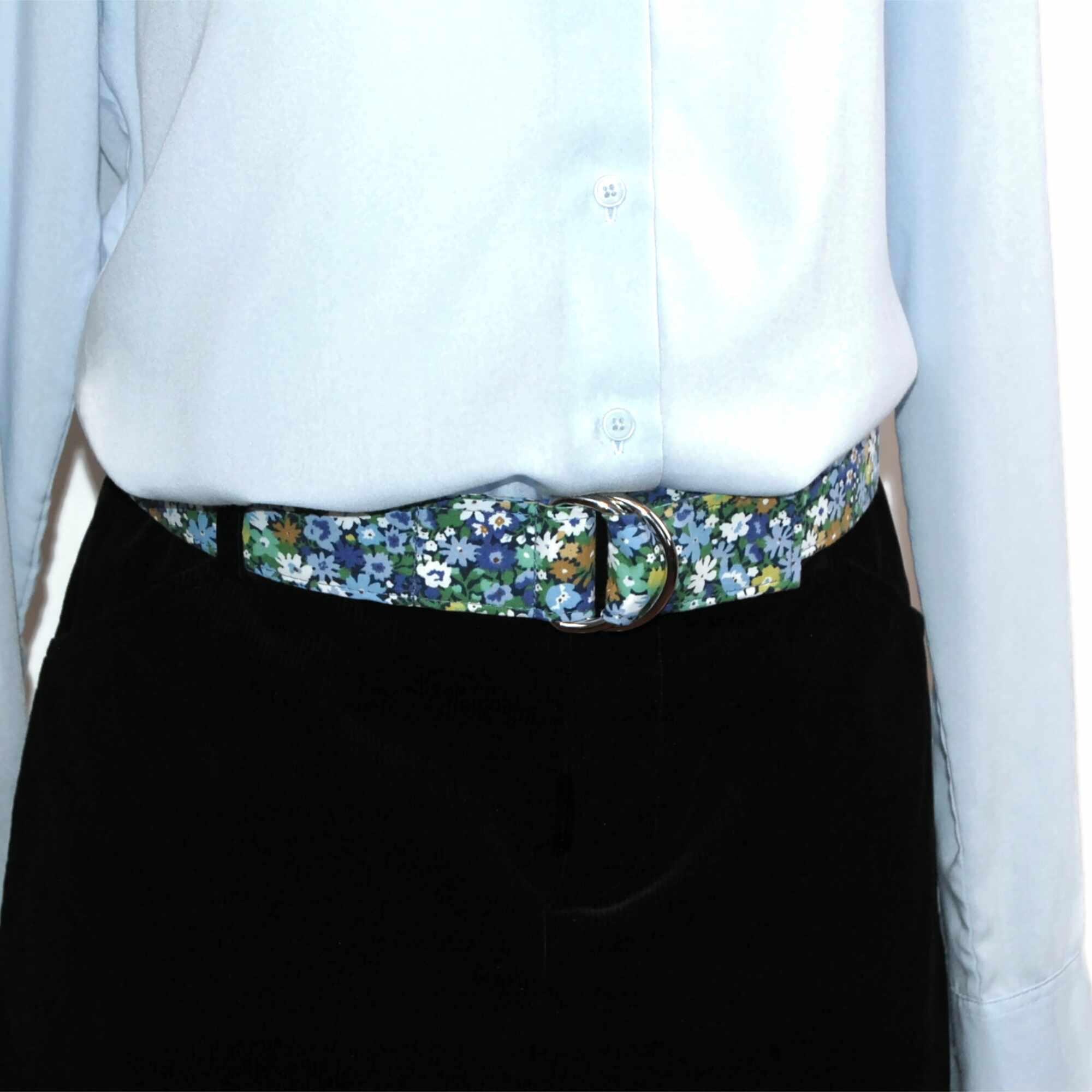 Blue Floral Fabric Belt: Vintage Meadow Blooms, Adjustable D 