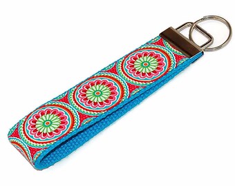 Pink Turquoise and Orange Medallion Keychain  -  Fabric Wristlet Key Fob