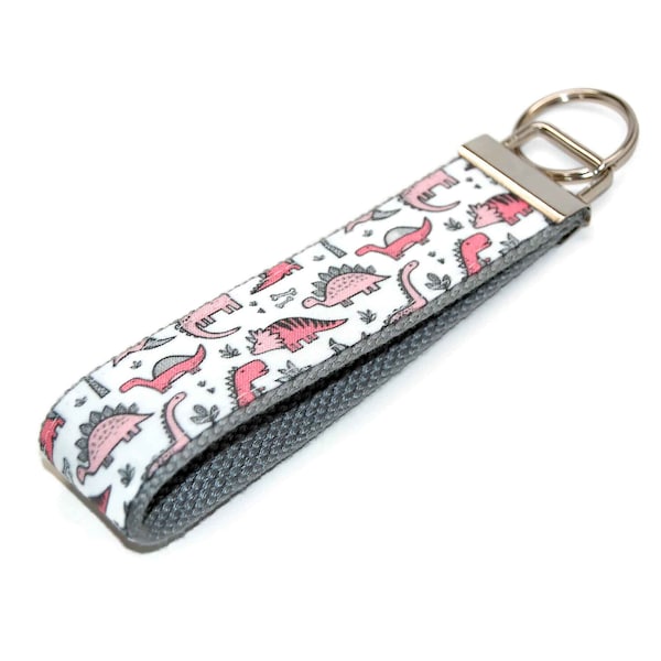 Pink Dinosaur Keychain - Fabric Key Fob Wristlet - Teacher Gift