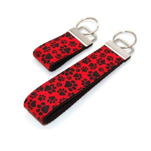 Cute Paw Print Keychain - Black and Red Animal Paw Key Chain Fob Wristlet - You Pick Accent Color and Size