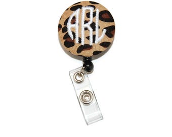 Leopard Badge Reel - Embroidered Monogram Retractable ID Name Tag Holder - 3 Letter Monogram and Color Choice