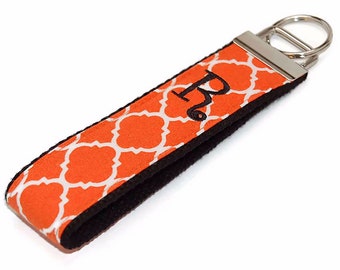 Orange Quatrefoil Personalized Keychain - Custom Embroidered Key Fob Wristlet Letter Monogram or Name