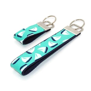 Sailboat Keychain - Mini or Wristlet Size - Mint Green and Navy Blue Key Fob Wristlet or Bag Tag - Beach Bag - Vacation Gift