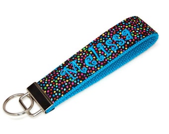 Black Polka Dot Personalized Keychain Wristlet - Keyfob with Your Choice of Name and Colors Letter or Monogram