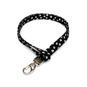 Black and White Paw Print Fabric Lanyard - ID Badge Holder Name Tag Keys - School Pride -  Optional Break Away