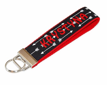 Personalized Wristlet Keychain Black Arrows with Red Monogram - Custom Embroidered Name Key fob - Sweet 16 Gift Letter or Monogram