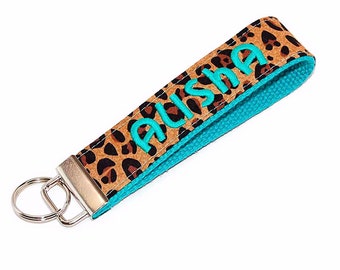 Monogrammed Cheetah Keychain: Embroidered Leopard Wristlet Key Fob