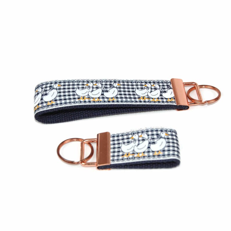 vintage duck on navy gingham keychain rose hardware in wristlet and mini size