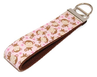 Monkey Keychain - Pink Fabric Key Fob Wristlet - Bag Tag