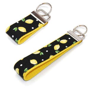Lemon Dot Delight Keychain -  Yellow Lemons Wristlet Key Fob Choice of Size