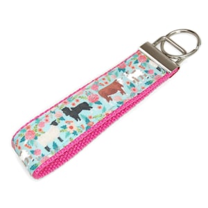 Farm Animals Keychain - Fabric Key Fob with Cows Sheep Goat Wristlet