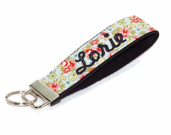 Personalized Flower Keychain - Embroidered Monogram Floral Key Fob Wristlet Letter, Monogram, or Name