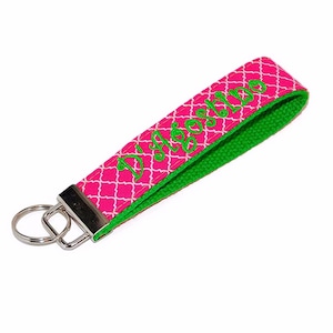 Pink Quatrefoil with Lime Green Monogrammed Keychain Custom Embroidered Name Key fob Letter or Monogram