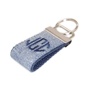 Navy Blue Herringbone Mini Keychain Personalized with Monogram - Embroidered Custom Key fob