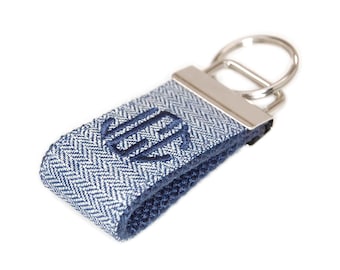 Navy Blue Herringbone Mini Keychain Personalized with Monogram - Embroidered Custom Key fob