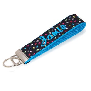 Paw Print Keychain Wristlet - Embroidered Letter Monogram or Name - Colorful Paws on Black Fabric