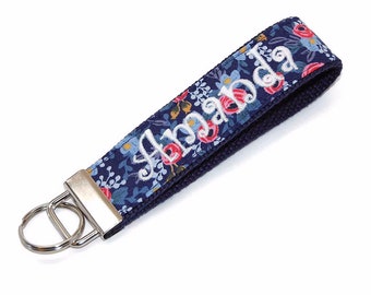 Monogrammed Keychain Navy Blue and Coral Flower  - Custom Key Fob with you name  -  Personalized Group Gift Letter or Monogram