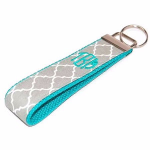 Grey Quatrefoil with Mint Monogram Wristlet Keychain  You Choose Custom Embroidered 3 Letter Monogram Letter or Name