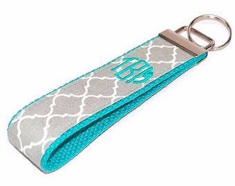 Grey Quatrefoil with Mint Monogram Wristlet Keychain  You Choose Custom Embroidered 3 Letter Monogram Letter or Name