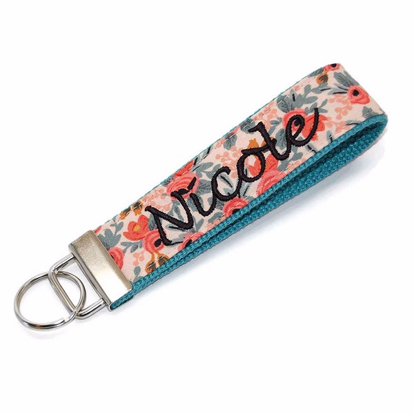 Floral Coral and Mint Monogrammed Keychain Custom Key Fob Personalized - Wristlet Letter or Monogram
