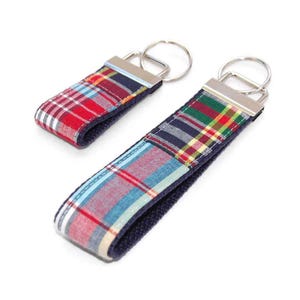 Patchwork Madras Keychain - Navy Plaid Key Fob Wristlet or Bag Tag