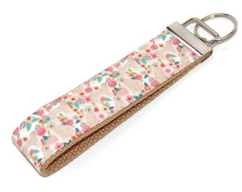 Golden Retriever Keychain - Dog and Floral Key Fob Wristlet