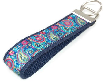 Navy Blue Paisley Keychain Wristlet  -  Pretty Ribbon Key Fob