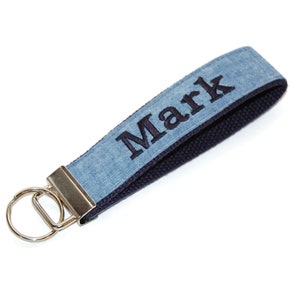 Personalized Chambray Wristlet Key Fob - Embroidered Name Keychain with Your Choice of Name and Font Plus Choice of Colors