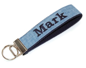 Personalized Chambray Wristlet Key Fob - Embroidered Name Keychain with Your Choice of Name and Font Plus Choice of Colors