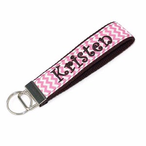 Pink Chevron and Black Monogrammed Keychain - Custom Embroidered Name Key fob Letter or Monogram