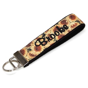 Sunflower Embroidered Keychain Wristlet - Your Choice of Letter Monogram or Name and Font Style Plus Choice of Colors