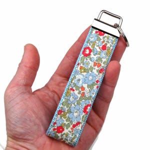 Floral Keychain Wristlet: Blue Flower Fabric Key Fob, Custom Accent