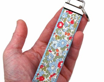 Floral Keychain Wristlet: Blue Flower Fabric Key Fob, Custom Accent
