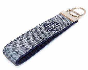 Navy Blue Herringbone Keychain - Monogram Key fob - Custom Embroidered Wristlet Letter or Name