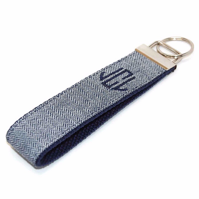 Navy Blue Herringbone Keychain Monogram Key Fob Custom Etsy