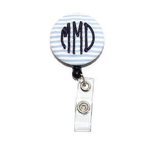 Blue Seersucker Retractable Badge Reel ID Holder Monogrammed With Your Letters in Navy Thread