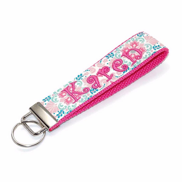 Floral Monogrammed Keychain - Pink and Mint Custom Wristlet Key Fob - Personalized with Name Letter or Monogram