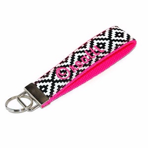 Black and White Aztec Keychain Custom Embroidered Name Key Fob Wristlet Letter or Monogram image 1