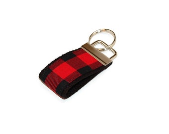 Red Black Check Mini Keychain - Plaid Key Fob Finger - Bag Tag