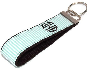 Mint Seersucker on Black webbing - Personalized Custom Embroidered Keychain Keyfob - Choice of Monogram Letter or Name