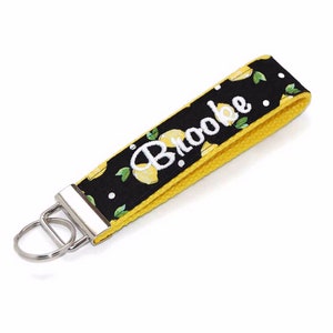 Lemon Monogrammed Keychain - Custom Embroidered Key Fob Wristlet - Personalized with Name Letter or Monogram
