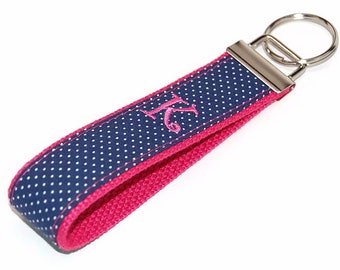 Custom Embroidered Keychain - Navy Blue Swiss Dot on Pink - Personalized with your Choice of Letter - Key Fob Wristlet Monogram or Name